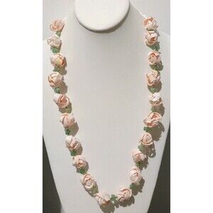 Rose Peach Conch Shell Aventurine Stone Gold tone White Beaded Necklace